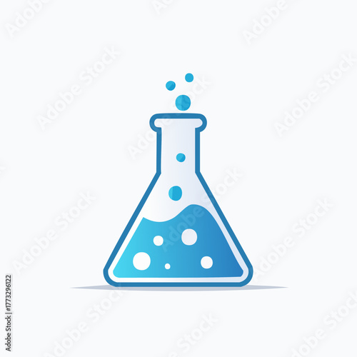 Blue chemical flask with liquid and bubbles for science experiments.