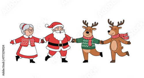 Mrs. Claus, Santa, and two cheerful reindeer are happily holding hands and walking together, celebrating the festive spirit of Christmas.