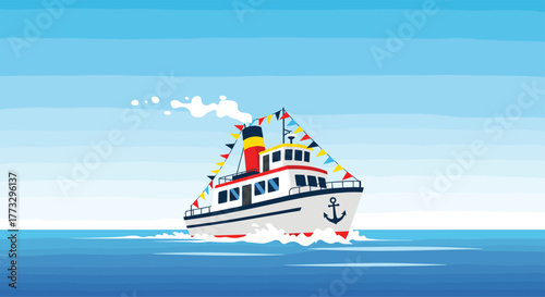 A brightly decorated passenger ship, adorned with colorful flags, journeys across the clear blue sea, leaving a foamy trail behind it.