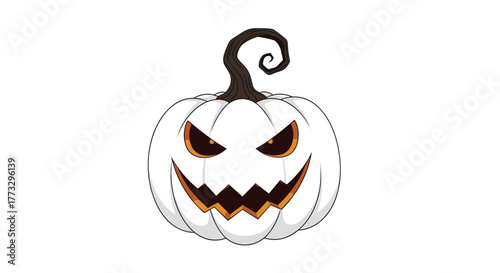 A menacing white jack-o'-lantern with bright orange eyes and a wide, jagged smile, capturing the eerie spirit of Halloween celebrations, on a crisp white backdrop.
