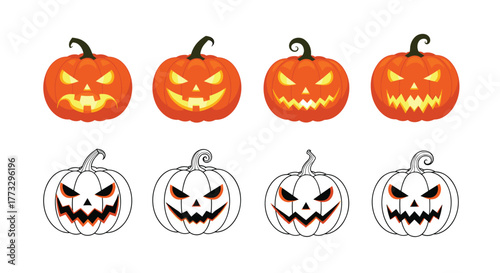 A collection of eight spooky Halloween jack-o'-lanterns, featuring four glowing orange pumpkins and four corresponding outline versions with different carved faces, perfect for holiday designs.