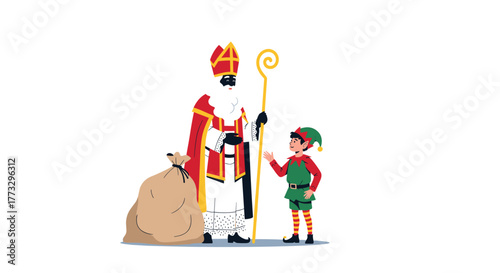 Sinterklaas, a traditional figure akin to Saint Nicholas, stands with his helper, Zwarte Piet, who is dressed as an elf, holding a sack of gifts on a white background.