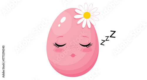 A cute pink Easter egg character is sound asleep, adorned with a delicate white daisy on its head and soft rosy cheeks, signifying peaceful dreams.