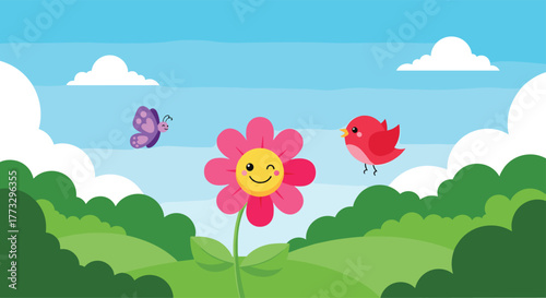 Cute cartoon spring or summer landscape with a winking pink flower, a flying purple butterfly, and a red bird in a cheerful green meadow under a blue sky with white clouds.