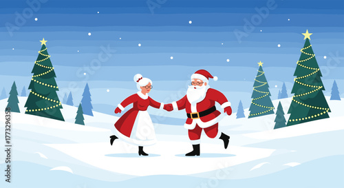 Santa and Mrs. Claus joyfully skate across a beautiful snowy landscape, holding hands amidst decorated Christmas trees and gently falling snow, celebrating the holiday season.