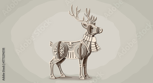 Intricate layered paper cut or wooden style reindeer, adorned with a striped scarf, snowflakes, and geometric patterns, set against a subtle monochromatic winter background.