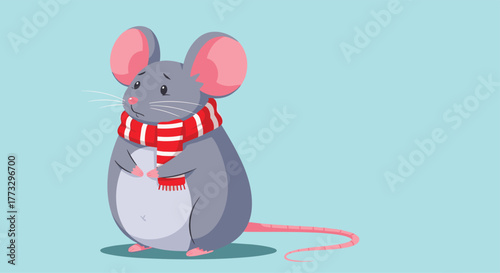 A cute gray mouse wearing a warm red and white striped scarf looks a little sad or cold while standing on a light blue background, perfect for winter themes.