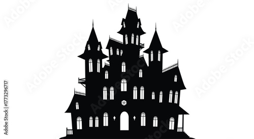 A spooky black silhouette of a classic, intricate haunted mansion with multiple towers, turrets, and glowing windows, standing eerily against a stark white background.