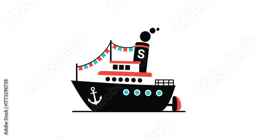 A cute, simple black and red cartoon ship with an anchor, blue portholes, and festive bunting flags, emitting black smoke from its funnels with a white letter S.