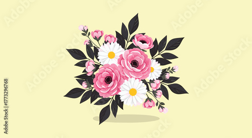 Elegant bouquet illustration featuring vibrant pink roses and delicate white daisies with dark foliage on a soft yellow background, perfect for decorative designs.