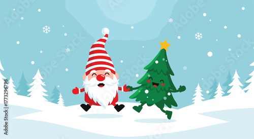 A cute cartoon Santa Claus and a joyful Christmas tree hold hands and jump together in a snowy winter landscape, celebrating the festive holiday season with falling snowflakes.