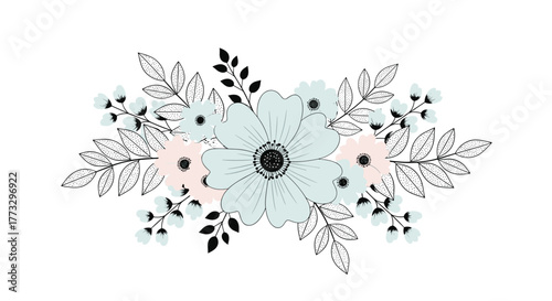 A delicate hand-drawn botanical illustration featuring a horizontal arrangement of blooming light blue and pink flowers with elegant black line art leaves, perfect for spring designs.