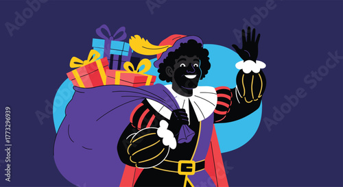 A cheerful Zwarte Piet character, dressed in traditional attire with a feathered hat and ruffled collar, waves while carrying a large sack filled with brightly wrapped gifts.