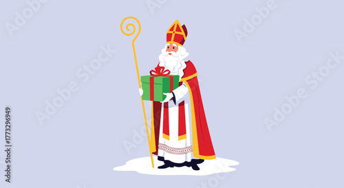 Sinterklaas, the beloved traditional European winter holiday figure, stands dressed in his iconic red and white bishop's robes, holding a green gift and his golden staff.