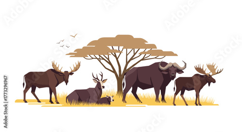 Wildlife animals vector illustration featuring moose buffalo and deer in natural habitat scene design vector