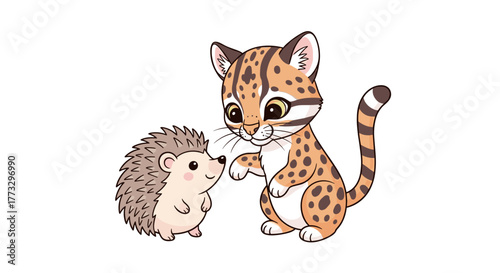 Cute margay cat and hedgehog cartoon illustration for kids animal lovers and friendship design concept art