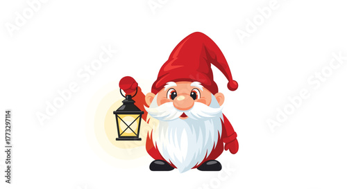 A cheerful cartoon garden gnome, featuring a vibrant red hat and a magnificent white beard, stands proudly, holding a glowing black lantern, bringing light and festive joy.