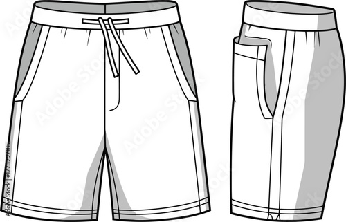 Technical shorts fashion illustration, front and side flat sketch, men’s clothing design, garment template, apparel drawing, casual activewear, stylish shorts design
