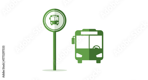 Green public transportation bus stop sign and bus vector illustration for travel and city transport design