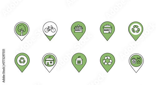 Eco friendly pointers for map locations showing green initiatives and sustainable living options available
