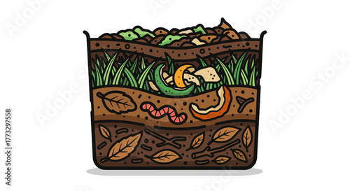 Illustration of a composting bin showing layers of organic waste for soil enrichment process diagram