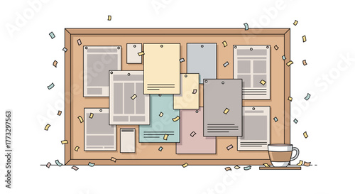Illustration of a cork board with notes and a cup of coffee perfect for office or home decor use
