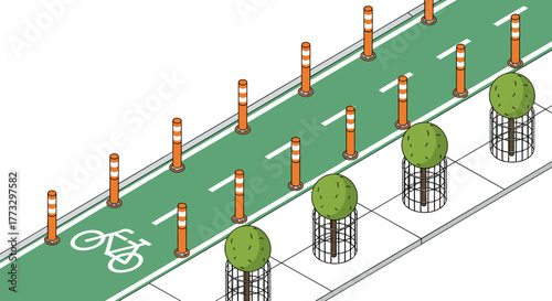 Bike lane safety with bollards and tree protection for urban cycling infrastructure design concept idea