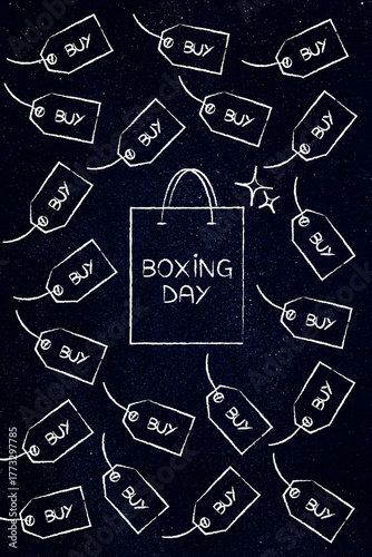 boxing day shopping bag surrounded by buy price tags illustration