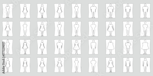 A grid of stylized human figures in white outlines on a light gray background representing diversity
