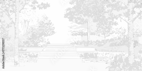A minimalist grayscale illustration of a garden path with stone steps leading up through trees and foliage