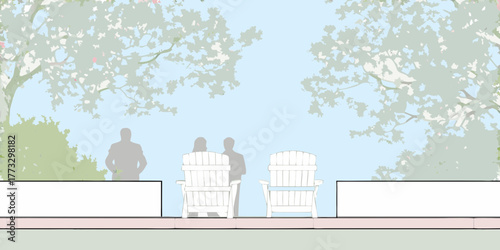 Serene backyard scene with adirondack chairs and silhouetted figures under a leafy canopy