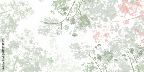 Softly blurred branches and leaves in pale green and blush pink against a bright white background