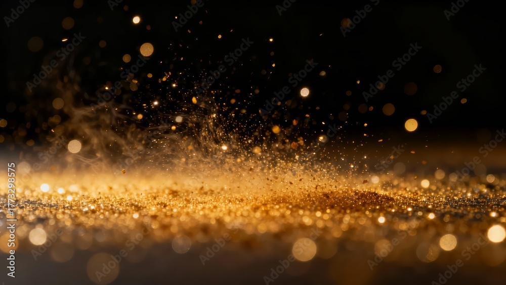 Naklejka premium Golden glitter particles suspended in mid-air against a dark background, creating a sparkling and luxurious visual effect.