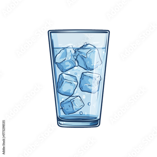 flat 2D icon vector illustrator of glass of water with ice cubes