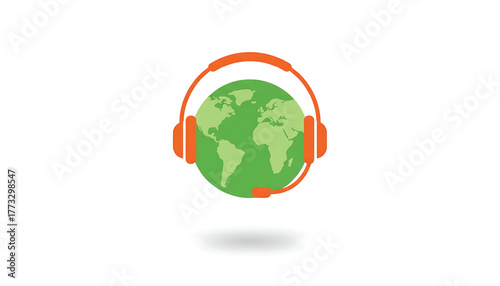 Vector of globe instead of a head together with headphones telephone headset. Symbol of support service. Icon