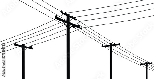 Utility poles with power lines, electricity distribution infrastructure, urban energy grid, rural electric network, perspective illustration, engineering design, infrastructure concept, 