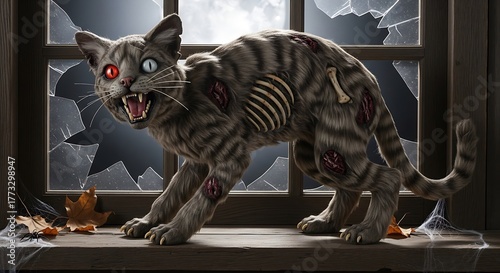 A zombie cat with a arched back and missing fur is posed hissing from a windowsill. Halloween decoration. The window behind it is cracked