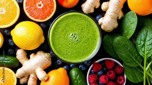 Healthy green detox beverage in a glass, with spinach, ginger, lemons, oranges, blueberries, and raspberries