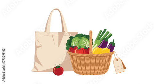 Fresh produce in basket with reusable tote bag illustration for grocery shopping and farmers market 100
