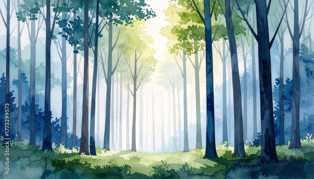 Fototapeta premium Vibrant watercolor woodland scene depicting serene trees and tranquil natural beauty.