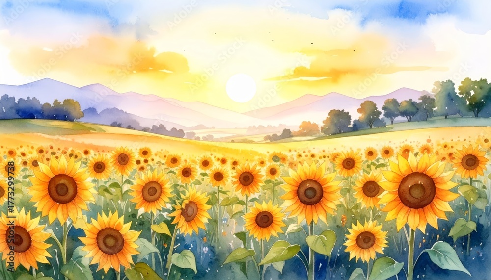Fototapeta premium Vibrant yellow sunflowers stretching across a vast sun drenched agricultural field under clear blue sky.