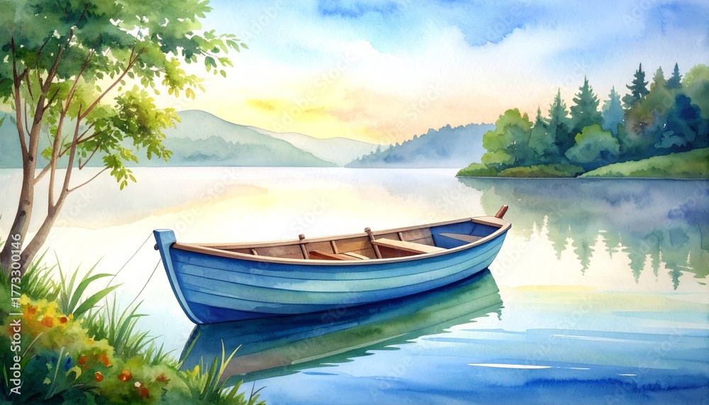 Fototapeta premium Serene lakeside scene featuring fishing boat resting peacefully on tranquil shore near calm water surface under clear sky.