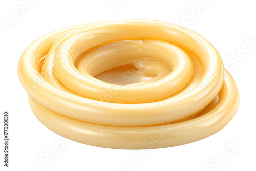 Close up of a coiled yellow rope on a black background