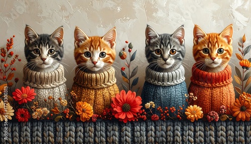 Four feline friends wear cozy sweaters, surrounded by autumn foliage and vibrant blooms, a charming seasonal scene