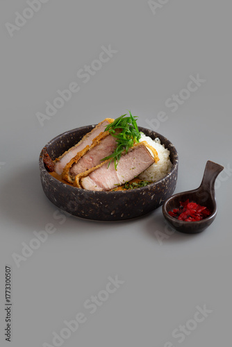 Tonkatsu or Crispy fried pork with Curry rice on grey background.