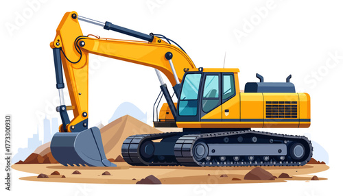 A bright yellow excavator, a heavy construction machine, stands on a dirt ground with small piles of earth, ready for digging work.