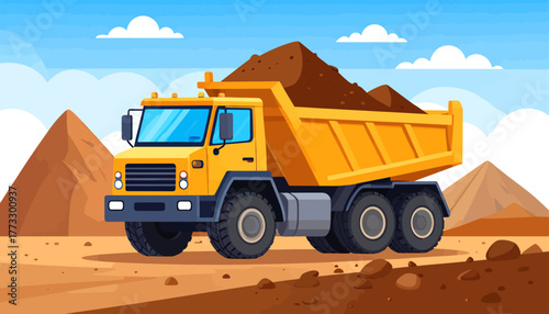 A yellow dump truck loaded with dirt on a construction site under a blue sky.