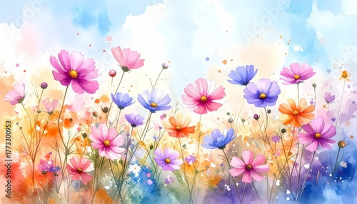 Fototapeta Naklejka Na Ścianę i Meble -  Vibrant watercolor flowers background with artistic floral petals and green leaves soft dreamy botanical garden theme.