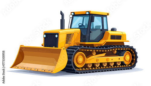 Bright yellow bulldozer with a large front blade and tracks, a heavy construction vehicle on a white background.