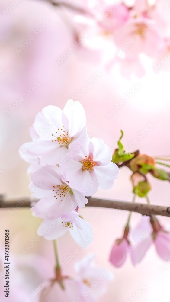 Obraz premium Delicate cherry blossoms on a branch with a soft, blurred background